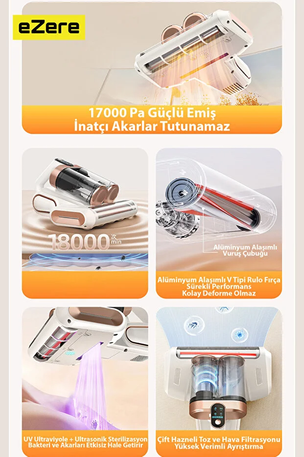 DustAway 17000Pa Güçlü Kablosuz Akar ve Toz UV Işıklı Yatak ve Koltuk Temizleyici